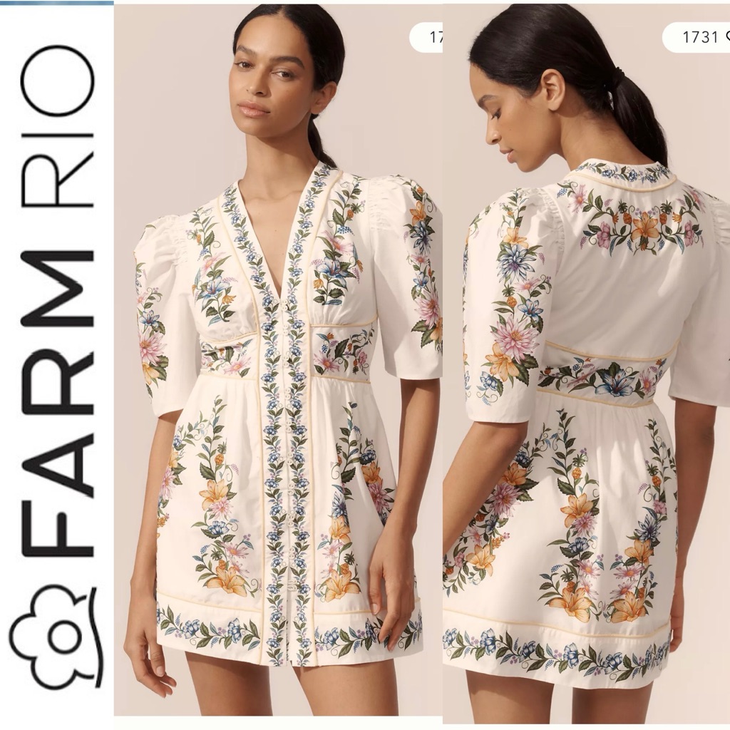 Farm Rio Sweet Bloom Mini Dress Puff-Sleeve, Cotton Sweet Bloom Dreamscape M